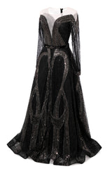 Black Prom Dresses A-line Heavily Beading Long Sleeves Women Evening Dresses