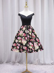 Black Satin Print Off the Shoulder Homecoming Dress