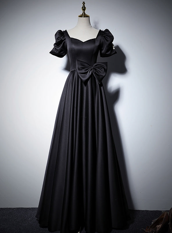 Black Satin Short Sleeve Bow Prom Dress