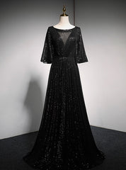 Black Sequins Bell Sleeve Prom Dress