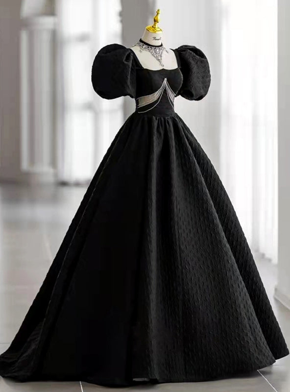 Black Square Puff Sleeve Backless Prom Dress