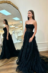 Black Strapless Tulle A Line Lone Prom Dress