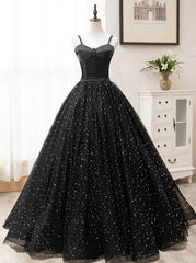 Black Sweetheart Straps Tulle Long Evening Gown Sleeveless Floor-Length Prom Dresses prom dresses shops