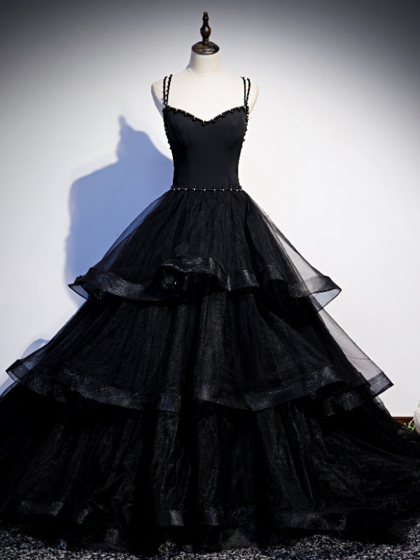 Black Tulle Double Straps Beading Prom Dress