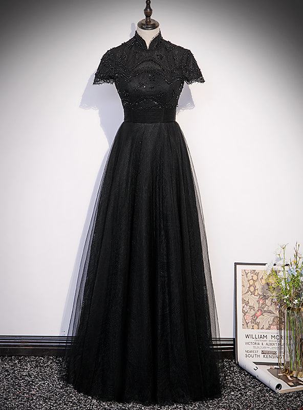 Black Tulle High Neck Cap Sleeve Beading Prom Dress