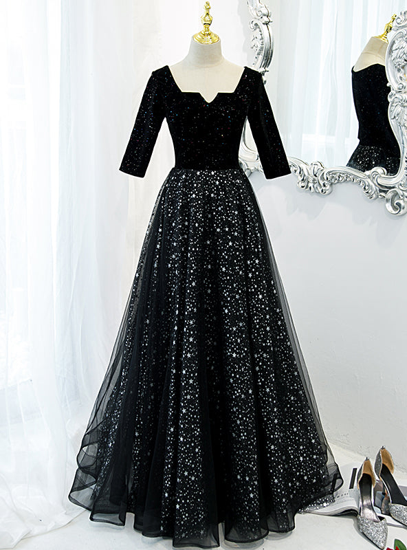 Black Tulle Sequins Square Neck Short Sleeve Prom Dress