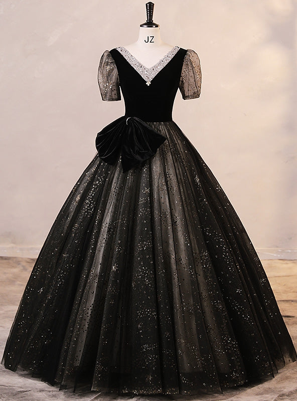 Black Tulle Sequins V-neck Short Sleeve Quinceanera Dress