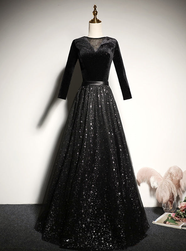 Black Tulle Sequins Velvet Short Sleeve Prom Dress