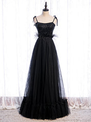 Black Tulle Spagehtti Straps Sequins Feather Prom Dress