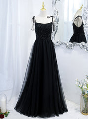 Black Tulle Spaghetti Straps Beading Prom Dress