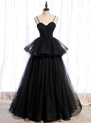 Black Tulle Spaghetti Straps Long Prom Dress