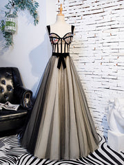 Black Tulle Straps Embroidery Sequins Prom Dress