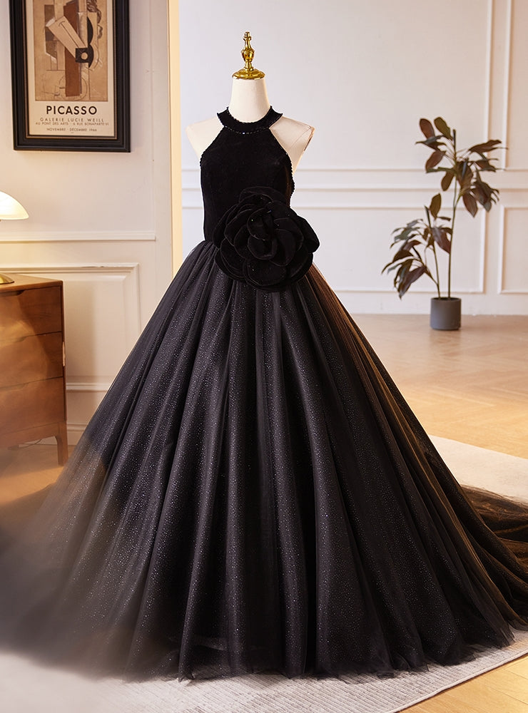 Black Tulle Velvet Halter Flower Prom Dress