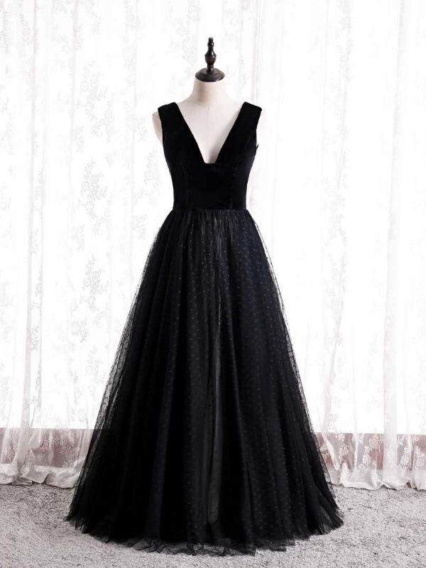 Black Tulle Velvet V-neck Prom Dress