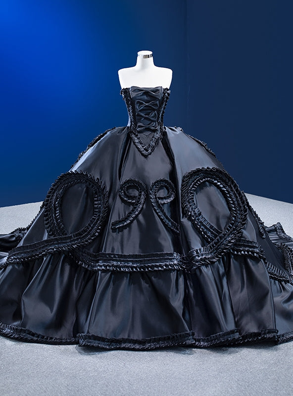 Black Unique Satin Strapless Pleats Ball Gown Prom Dress