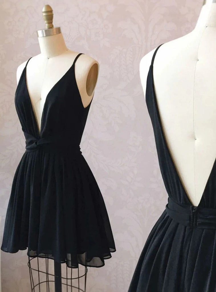 Black V-neck Chiffon Backless Homecoming Dress