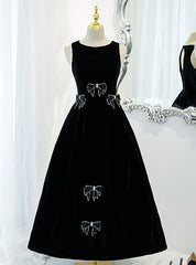 Black Velvet Backless Tea Length Beading Prom Dress