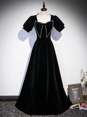 Black Velvet Short Sleeve Pearls Prom Dresses