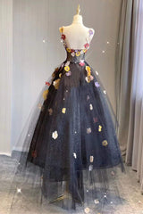 A Line Black Tulle Prom Dress with Flowers Puffy Quinceanera Dresses