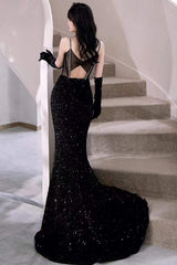 Black Mermaid Sequins Prom Dress Spaghetti Straps Sleeveless Beading Party Gown