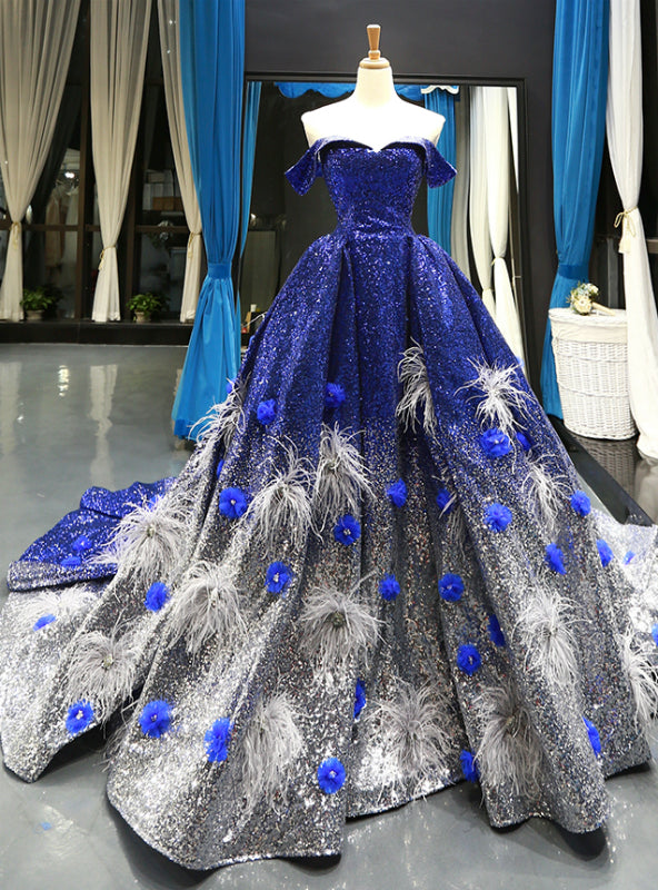 Blue And White Sequins Off The Shoulder Backless Appliques Haute Couture Prom Dress