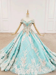 Blue Ball Gown Off the Shoulder Appliques Beading Prom Dress