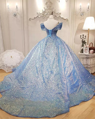 Blue Ball Gown Off-the-shoulder Sequins Quinceanera Dresses