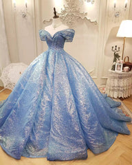 Blue Ball Gown Off-the-shoulder Sequins Quinceanera Dresses