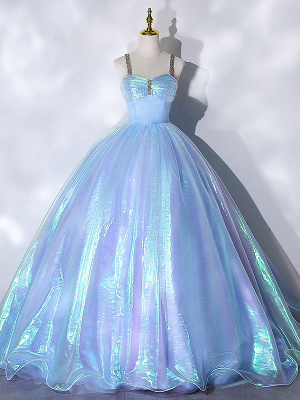 Blue Ball Gown Organza Straps Beading Quinceanera Dress