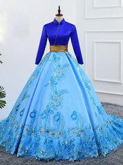 Blue Ball Gown Satin High Neck Backless Long Sleeve Appliques Quinceanera Dresses