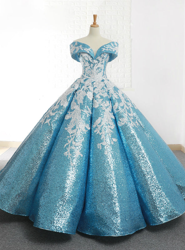 Blue Ball Gown Sequins Off The Shoulder Appliques Wedding Dress