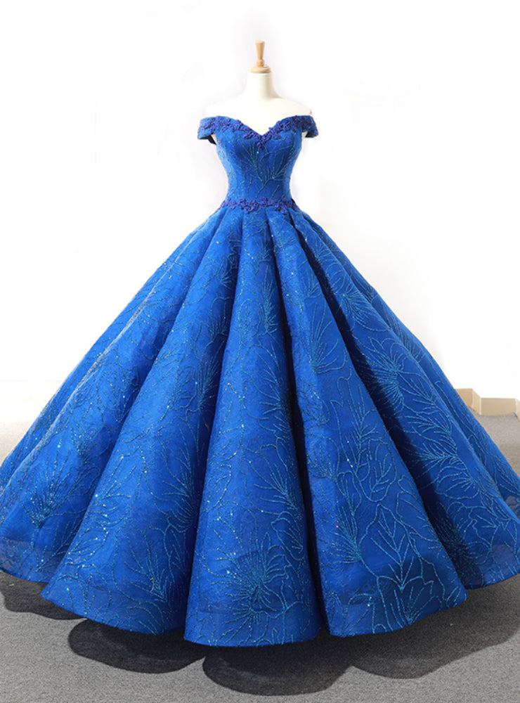 Blue Ball Gown Sequisn Appliques Off The Shoulder Wedding Dress