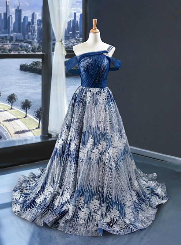 Blue Ball Gown Silver Sequins Off the Shoulder Prom Dress