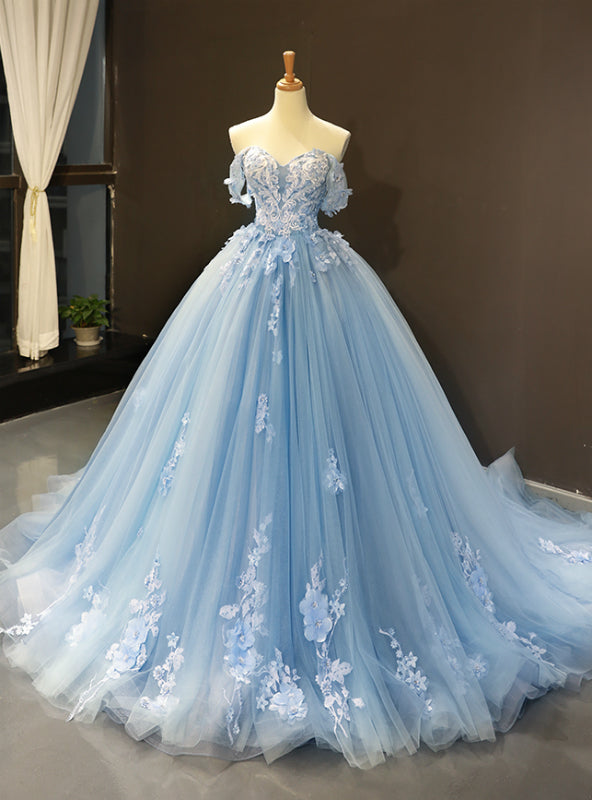 Blue Ball Gown Tulle Appliques Off The Shoulder Backless Sweet 16 Prom Dresses