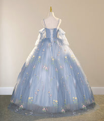 Blue Ball Gown with Scattered Little Flower Prom Dress