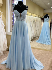 Blue Chiffon Appliques Straps Prom Dress