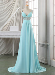 Blue Empire Spaghetti Straps Chiffon Backless Long Prom Dresses