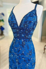 Blue Floral Lace Beaded Lace-Up Back Cocktail Dress