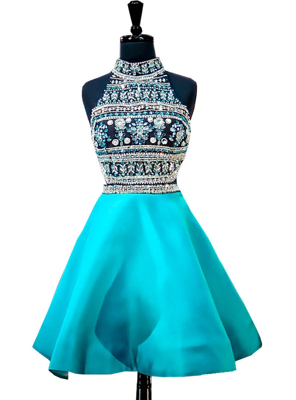 Blue High Neck Beaded Crystals Backless Party Homecoming Dress