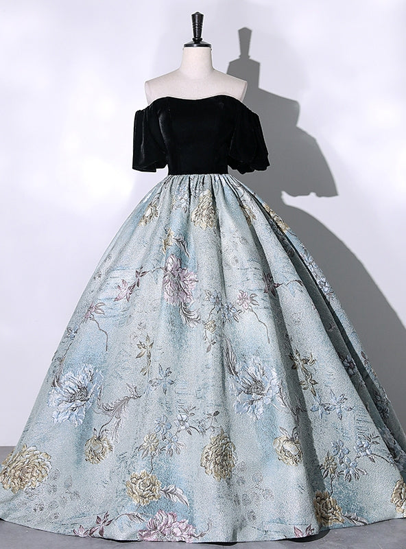 Blue Jacquard Black Velvet Quinceanera Dress