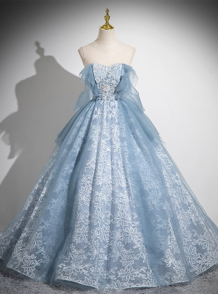 Blue Lace Flower Scoop Quinceanera Dress