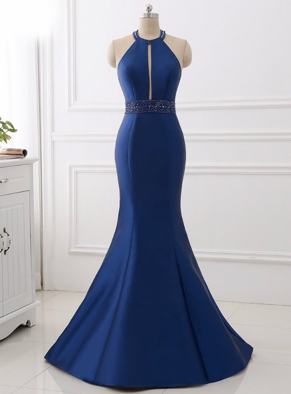 Blue Satin Mermaid Halter Cut Out Backless Long Prom Dress