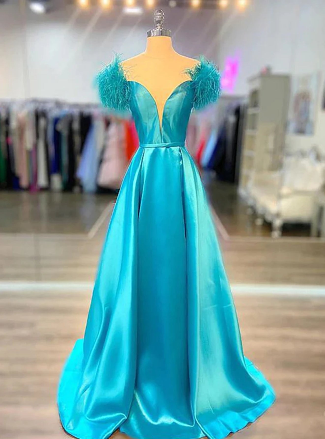 Blue Satin Off the Shoulder Feather Prom Dress