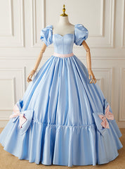 Blue Satin Puff Sleeve Quinceanera Dress With Bow