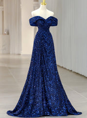 Blue Sequins Off the Shoulder Prom Dress