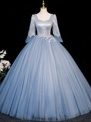 Blue Sequins Tulle Long Sleeve Quinceanera Dress