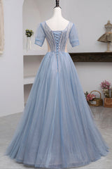 Blue Short Sleeve Tulle Floor Length Prom Dress with Beaded