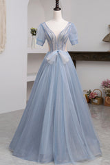 Blue Short Sleeve Tulle Floor Length Prom Dress with Beaded