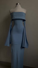 Blue Strapless Prom Dress Long Sleeve Bodycon Party Dress