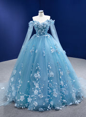 Blue Tulle 3D Appliques Off the Shoulder Prom Dress